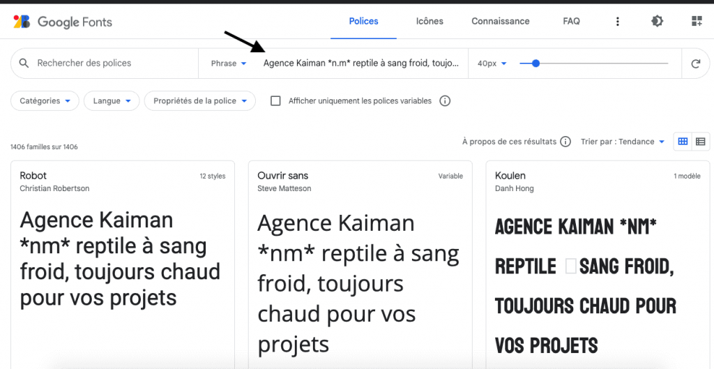 Outils choix de police de texte et icônes
